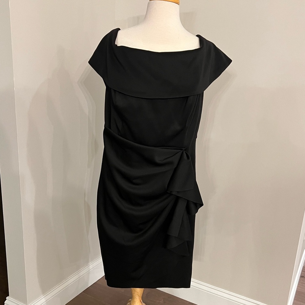 XSCAPE 16W. Formal black off the shoulder wedding guest dress. LBD, NYE/cocktail